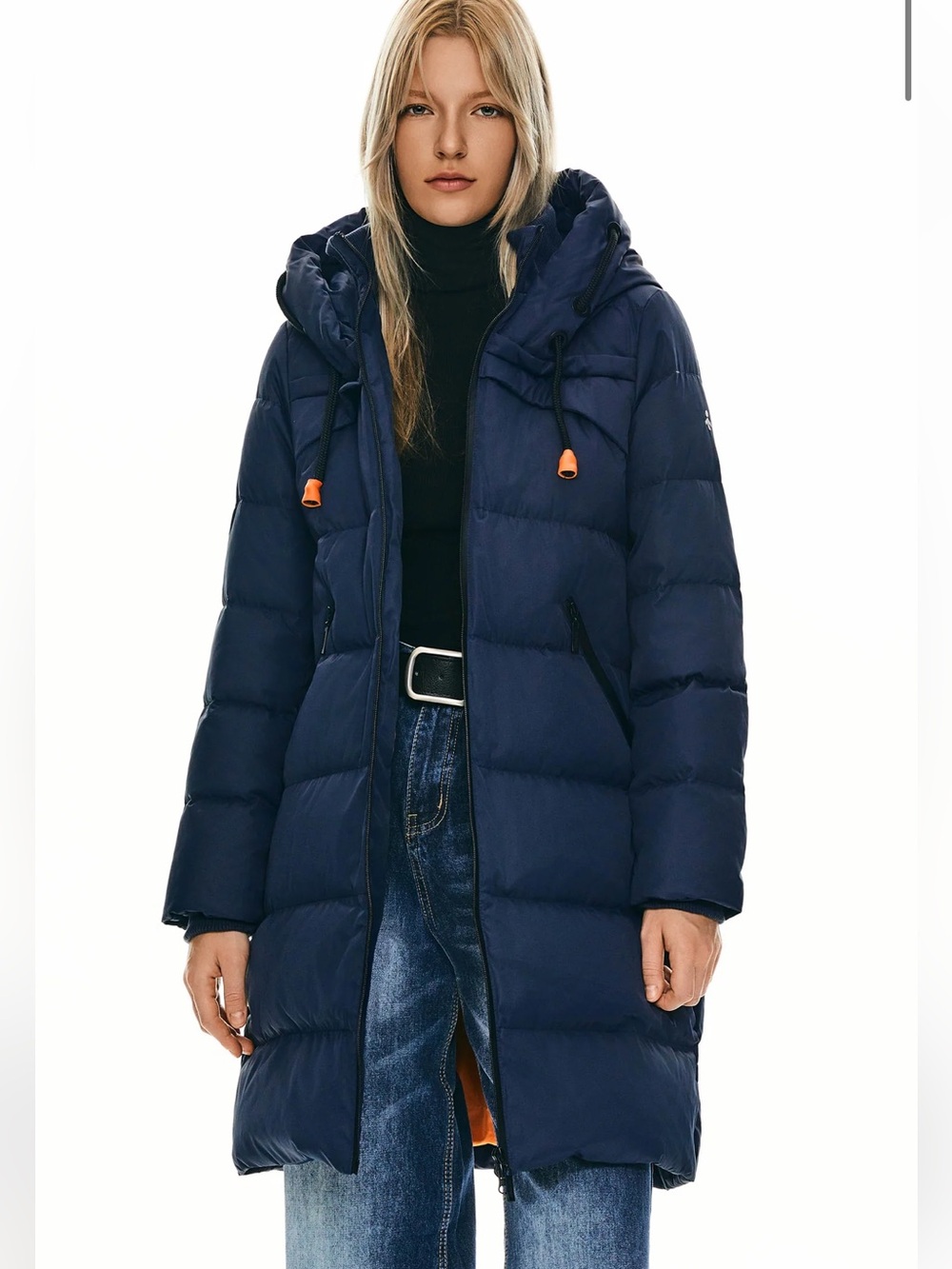 Orolay long thickened hood down navy blue jacket. Size Large